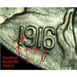 1916-p Buffalo Nickel 5c Grades Gem Uncirculated ms65  "Poor Man's" Double Die