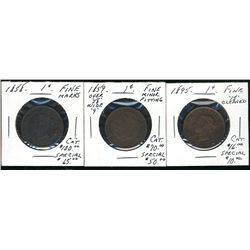 1858 1¢, 1859 W9/8 & 1895.  Lot of 3 coins all with minor issues. F12 to F15. (PBA)