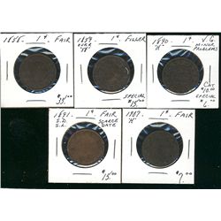 1858 1¢, 1859 W9/8, 1890H, 1891 SD SL & 1907H.  Lot of 5 coins.  Fair to VG. (PBA)