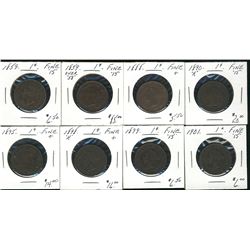 1859 1¢, 1859 W9/8, 1888, 1890H, 1895, 1898H, 1899 & 1901.  Lot of 8 coins all F15.  (PBA)