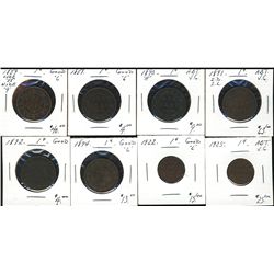 1859 W9/8 1¢, 1859, 1890H, 1891 SDSL, 1892, 1894, 1922 & 1925.  Lot of 8 coins all Good to G6.  (PBA