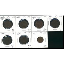 1859 W9/8 1¢, 1886, 1890H, 1891 LDLL, 1895, 1898H & 1923.  Lot of 7 coins all VG.  (PBA)