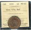 Image 1 : 1859 Wide 9/8  1¢ ICCS MS65 Red THE FINEST KNOWN!   95% RED.  A fabulous "Victorian" example in pris