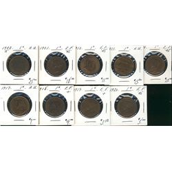 1900H 1¢, 1901, 1910, 1911, 1914, 1917, 1918, 1919 & 1920.  Lot of 9 coins all AU.  (PBA)