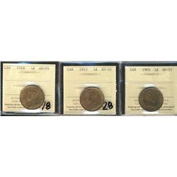 1905 1¢, 1913 & 1916 ICCS AU55.  Lot of 3 coins.