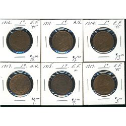 1910 1¢, 1911, 1914, 1917, 1918 & 1919.  Lot of 6 coins all EF45.  (PBA)