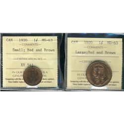 1920 1¢ Lg & Sml ICCS MS63RB.  Lot of 2 coins.