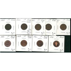 1925 1¢, 1926, 1927, 1953 SF, 1957, 1959, 1960 & 1996.  Lot of 9 coins.  Fine to PL.  (PBA)