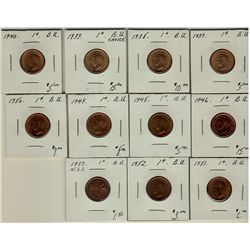 1937 1¢, 1938, 1939, 1940, 1946, 1948, 1949, 1950, 1951, 1952 & 1953 NSS.  Lot of 11 coins.  All UNC