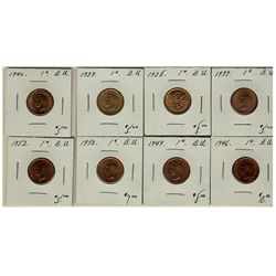 1937 1¢, 1938, 1939, 1940, 1946, 1949, 1950 & 1952.  Lot of 8 coins.  All UNC and better.  (PBA)