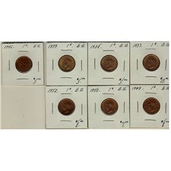 1937 1¢, 1938, 1939, 1946, 1949, 1950 & 1952.  Lot of 7 coins all UNC or better.  (PBA).