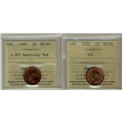 1938 & 1948 1¢ A off ICCS MS64RD.  Lot of 2 coins.