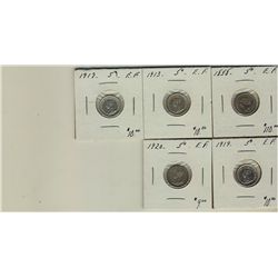 1858 5¢, 1913, 1917, 1919 & 1920.  Lot of 5 coins all EF.  (PBA)