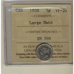 1858 5¢ Large Date ICCS VF20.