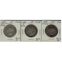 Nfld 1870 50¢, 1882H &1899 Nar.  Lot of 3 coins all Fine.  (PBA)