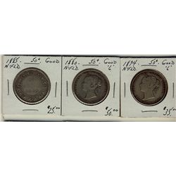Nfld 1874 50¢, 1880 & 1885.  Lot of 3 coins all Good or better.  (PBA)