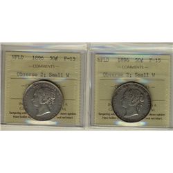 Nfld 1896 50¢ Obv 2 Sml W ICCS F15.  Lot of 2 coins.