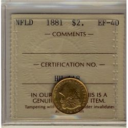 Nfld 1881 $2 Gold ICCS EF40.