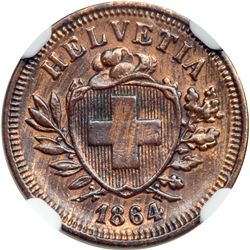 Switzerland. 1 Rappen, 1864-B. NGC AU