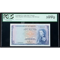 Malta SCWPM# 27a, L.1949 (1961) 5 Pounds. PCGS Very Fin