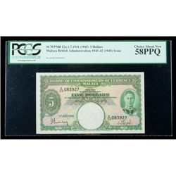 Malaya SCWPM# 12a, 1.7.1941 (1945) 5 Dollars. PCGS Choi