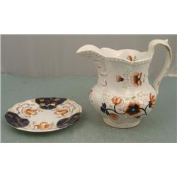 1840 Gaudy Dutch Antique Plate & Pitcher Orange Flowers