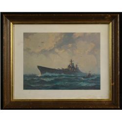 FRAMED VINTAGE WWII NAVAL WARSHIP ART PIECE 1945