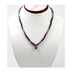 Natural 128.39 ctw Emerald, Ruby & Sapphire Bead Necklace