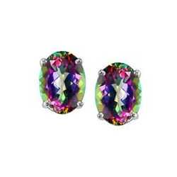 Genuine 3.20 ctw Mystic Rainbow Topaz Oval Earring Studs - 14kt Gold-White