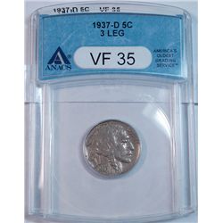 1937D 3 leg Buffalo nickel  ANACS 35