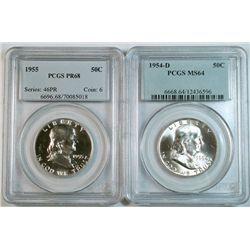 1954D PCGS64 and 1955 PCGSPR68  Franklin half $