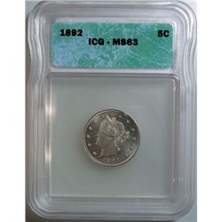 1892 LIBERTY NICKEL ICG MS-63