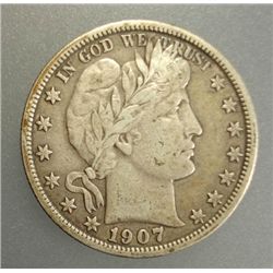 1907 BARBER HALF DOLLAR, VF/XF