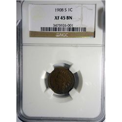 1908-S INDIAN HEAD CENT NGC XF-45