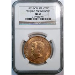 1955 Dominican Republic 30 peso !!RARE!!    GOLD  NGC63