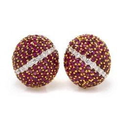 Pair of 18 Karat Yellow Gold Ruby and Diamond Bombe Ea