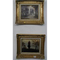 A pair of gilt framed oil on board hunting...