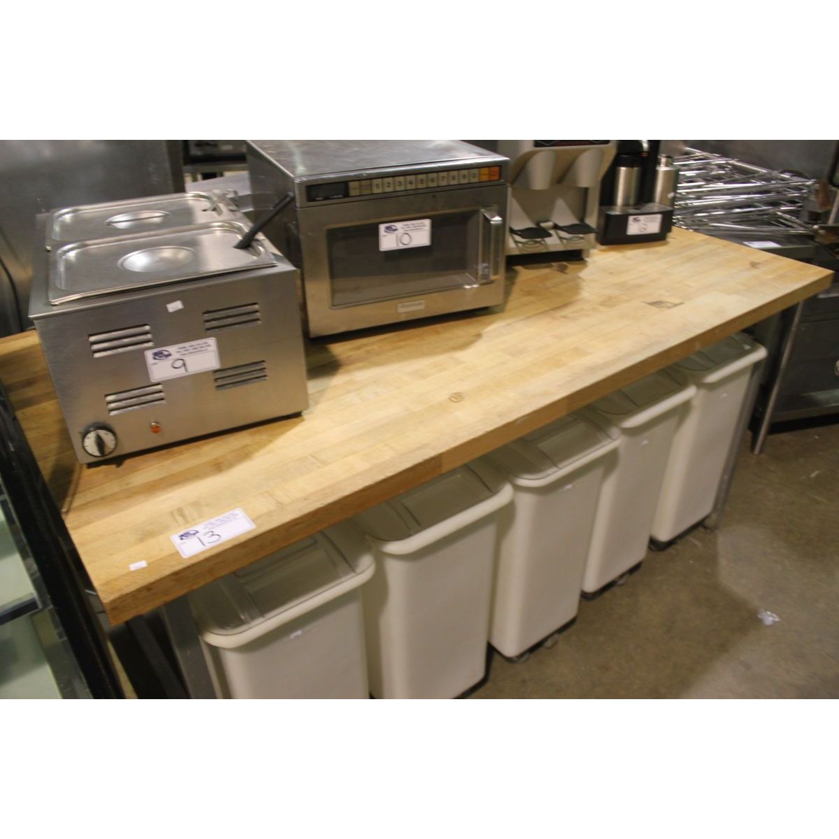 BUTCHER BLOCK BAKERS TABLE WITH MOBILE FLOUR BINS