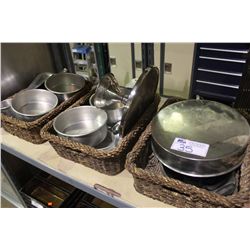 4 WICKER BINS OF ASSORTED COOKING PANS