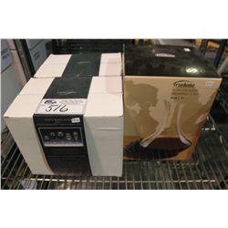 2 BOXES OF WINE GLASSES & A DECANTER