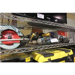 SHELF OF ASSORTED POWER TOOLS