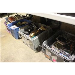 4 BINS OF VHS, CD'S & HOUSEHOLD ITEMS