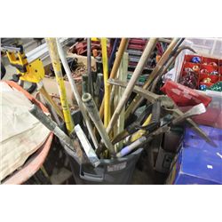 BIN OF LARGE TOOLS & WORK BENCH