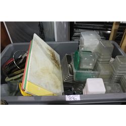 BIN OF ASSORTED RESTAURANT TOOLS & BINS