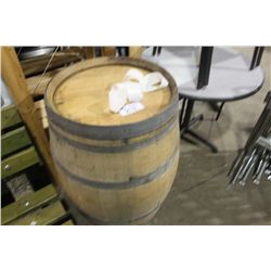 BARREL, WOODEN SHELVES, TABLE & CHAIRS