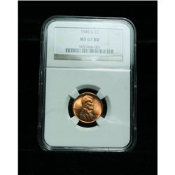 NGC 1945-s Lincoln Cent 1c Graded Gem+ ms67 RD NGC