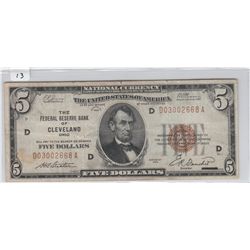 $5 FRBN 1929 BROWN SEAL CLEVELAND