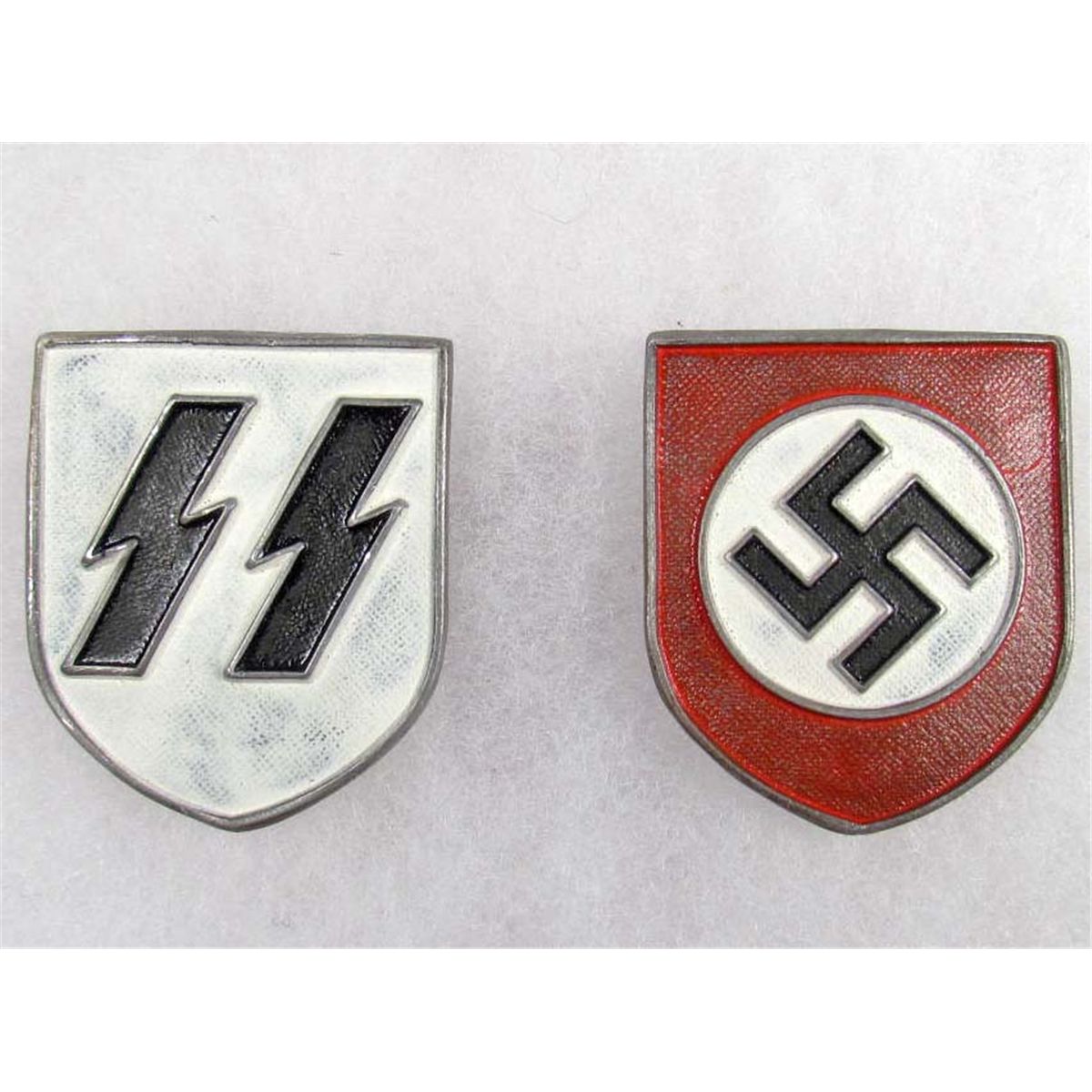 SET OF 2 GERMAN NAZI SS HELMET BADGES - SS RUNES AND PARTY SHIELD