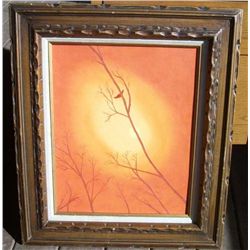 Bird on Tree Limb Painting, Burnt Orange/Yellow Tones, Wood Carved Frame, From "Starving Artist Sale