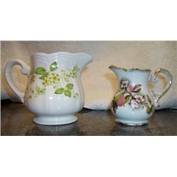 2 Pitchers- 1 Lefton China Pear & Blossom Pattern Marked NE4253 with Crown Imprint and Red Lefton La
